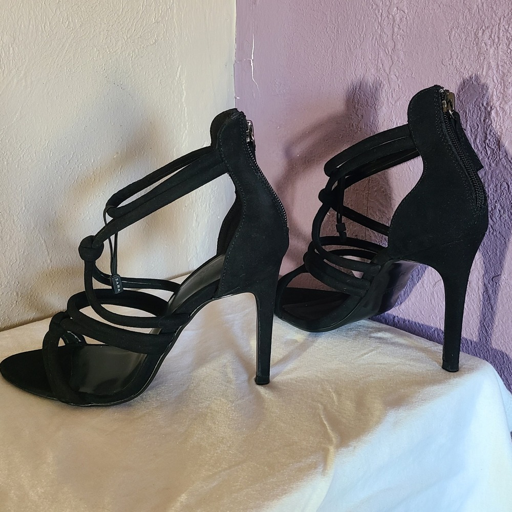 Zara Sandals Women 38 Black Faux Suede Strappy Cage Open Toe Stiletto Heels